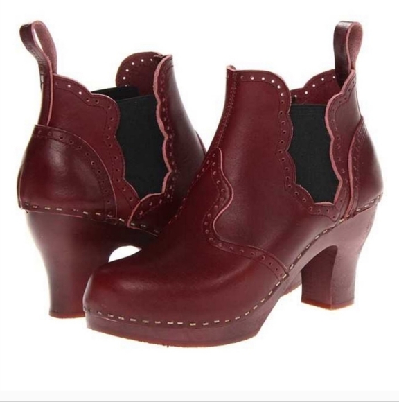 SWEDISH HASBEENS LEATHER VICTORIAN CHELSEA CLOG BOOTS IN BORDEAUX - Picture 1 of 10